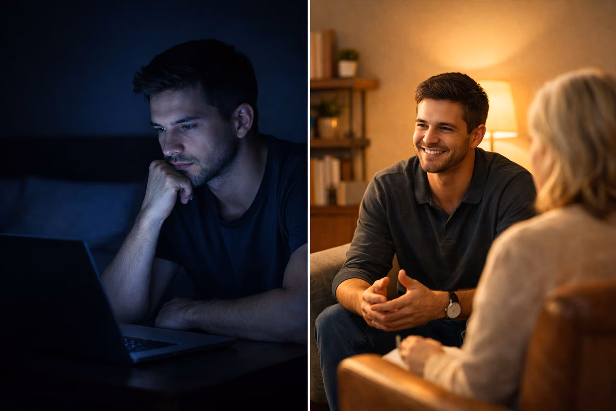 Left: man in dark room looking thoughtfully at laptop; right: the same man smiling and talking in a warm-lit therapy session.