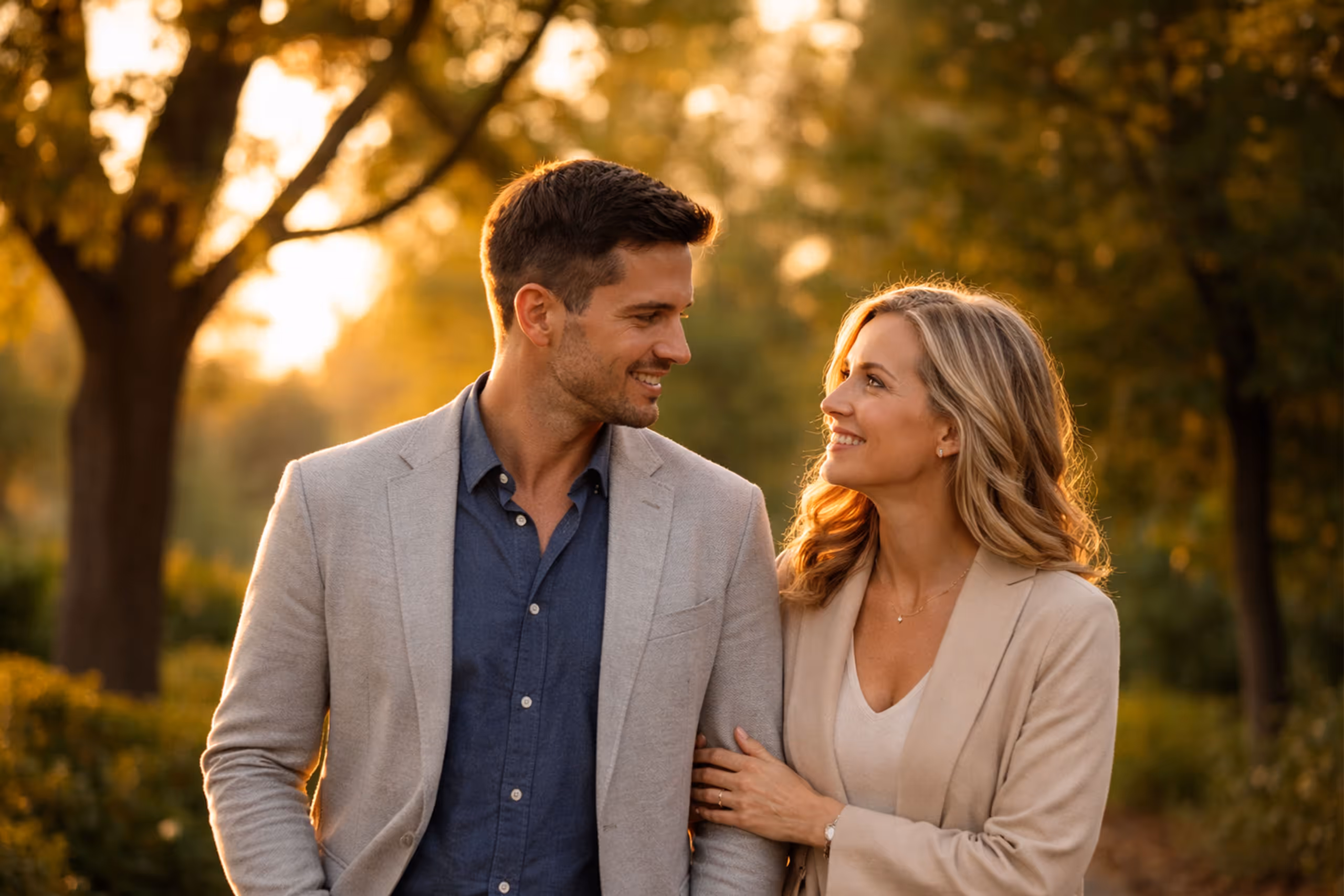 Smiling couple walking outdoors in fall, the woman holding the man's arm and looking at him affectionately.
