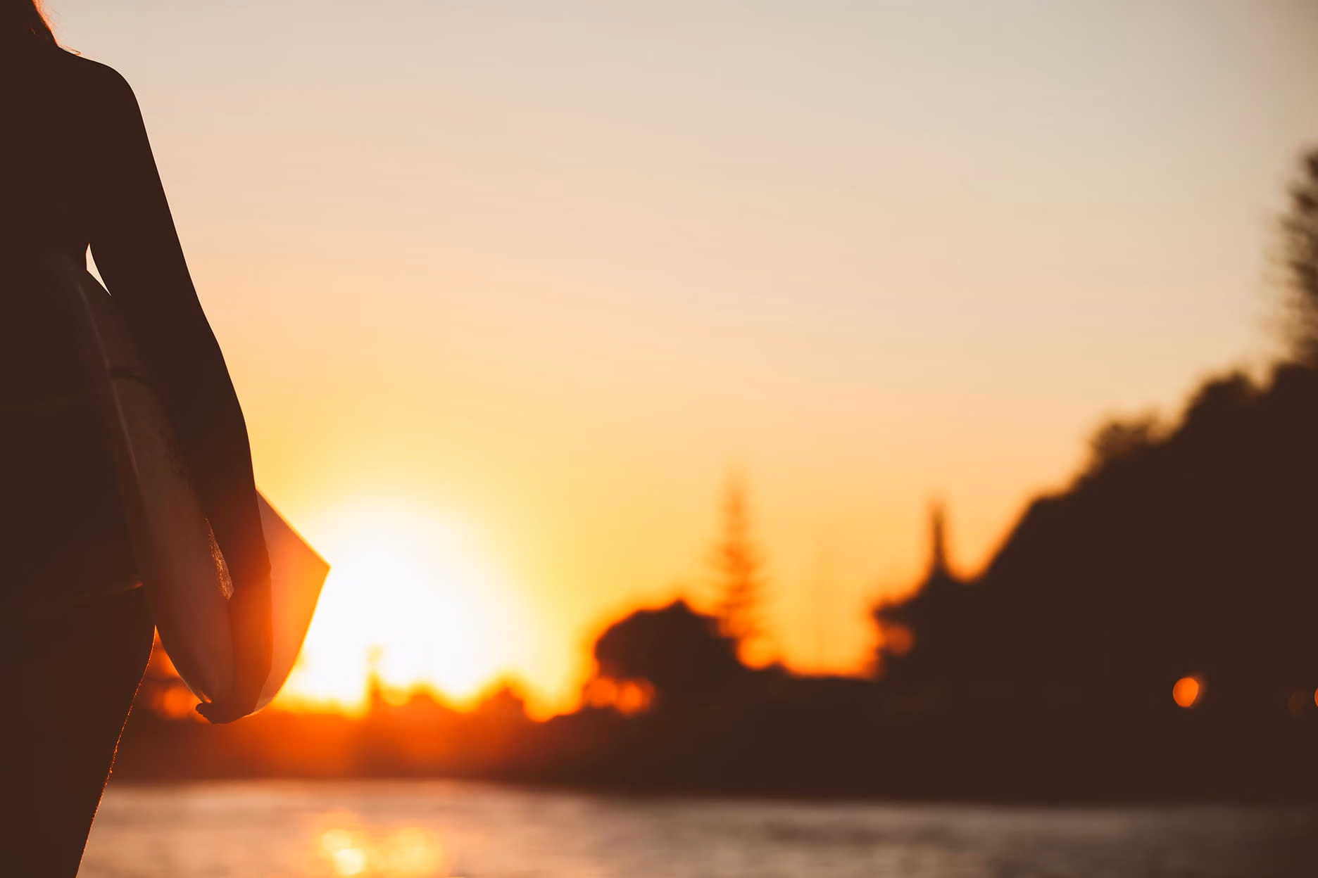 Silhouette of a surfer holding a surfboard by the water at sunset with trees in the background.