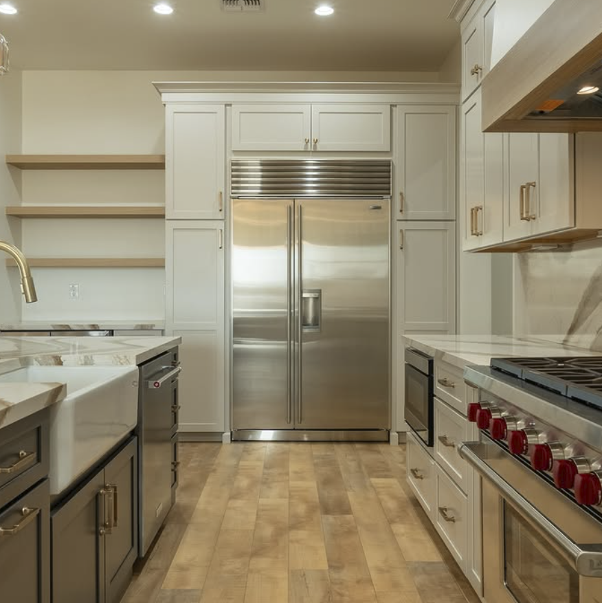 Modern kitchen with stainless steel double-door refrigerator centered between white cabinets, wooden floor, and marble countertops with a farmhouse sink.