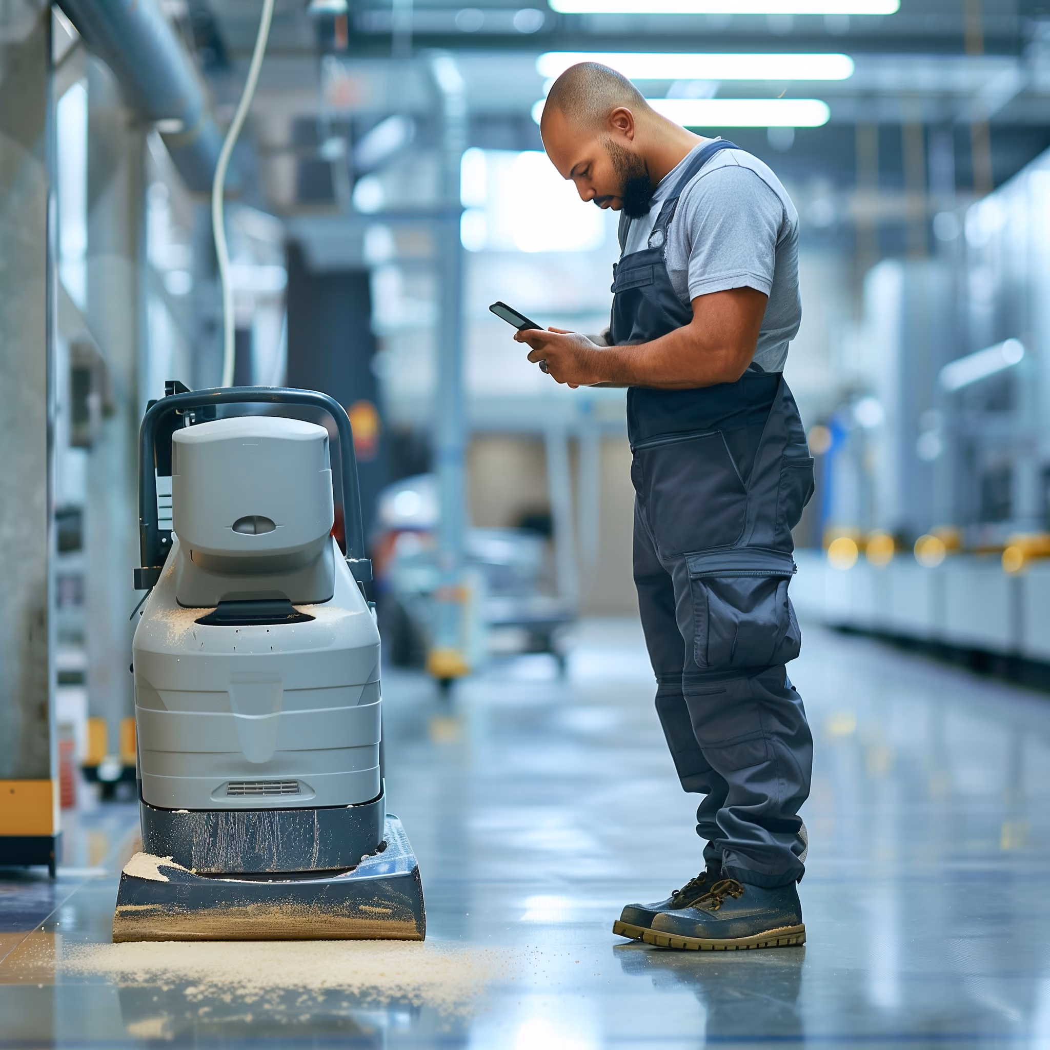 An employee that maintains floor quality, looking at Vloermeester on his smartphone