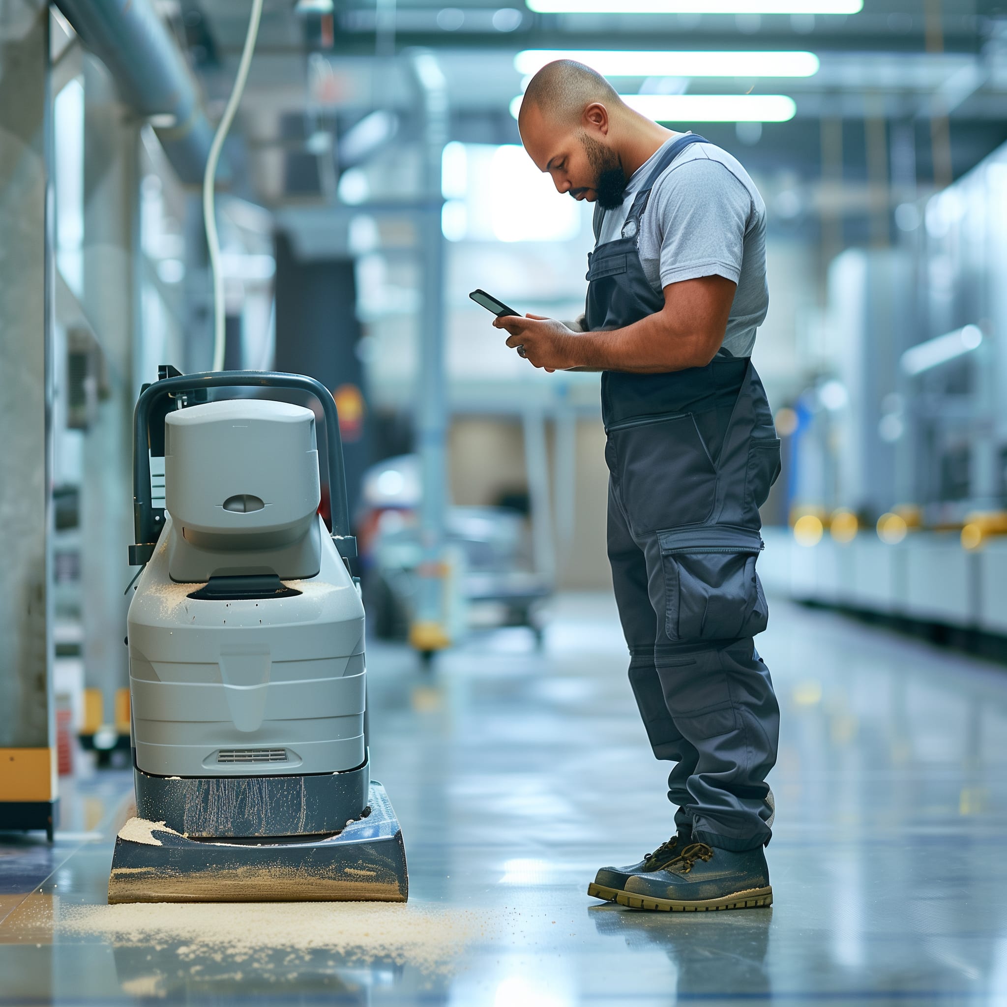 An employee that maintains floor quality, looking at Vloermeester on his smartphone
