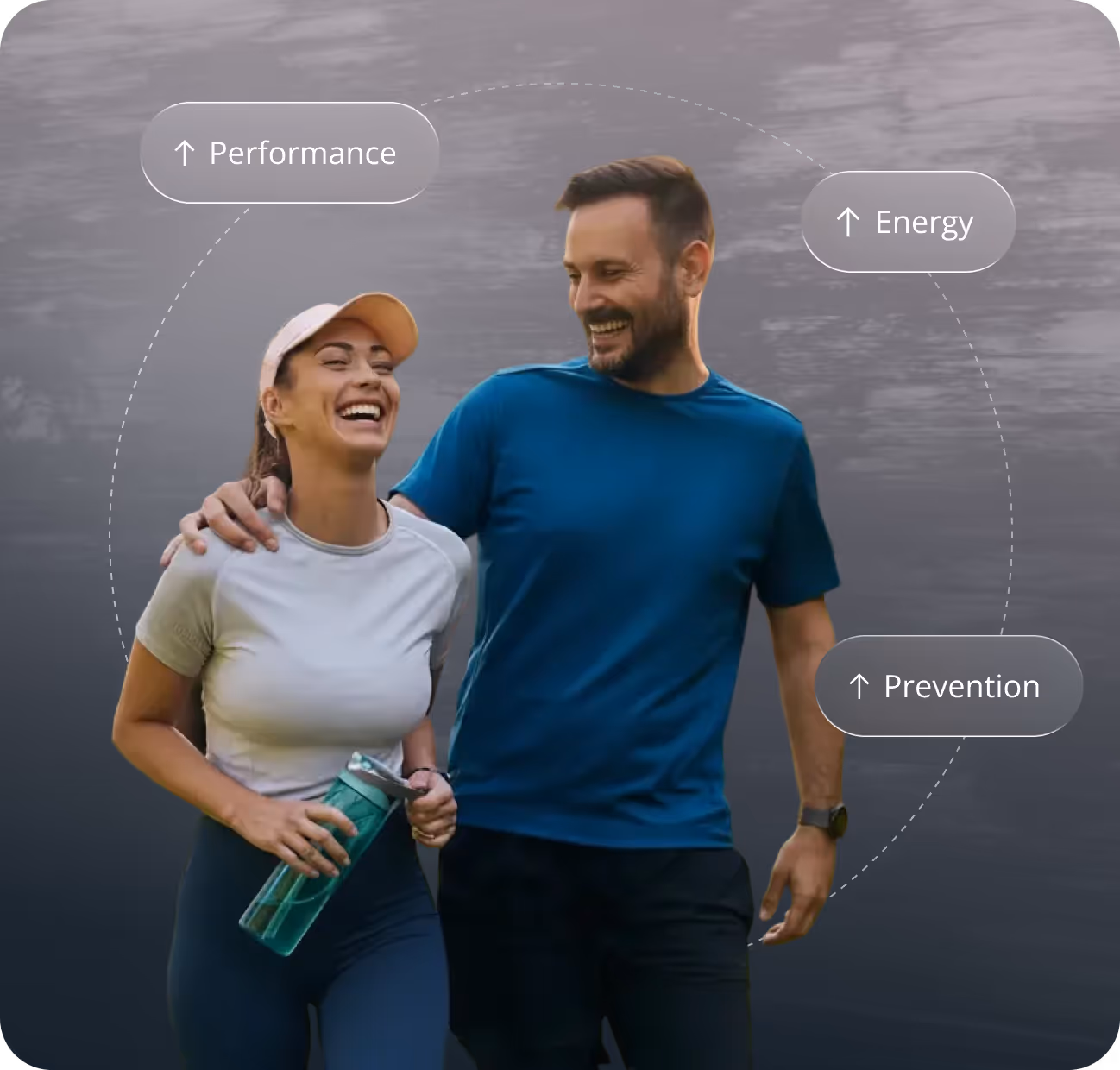 Smiling couple walking outdoors with fitness gear, surrounded by labels highlighting improved performance, energy, and prevention.