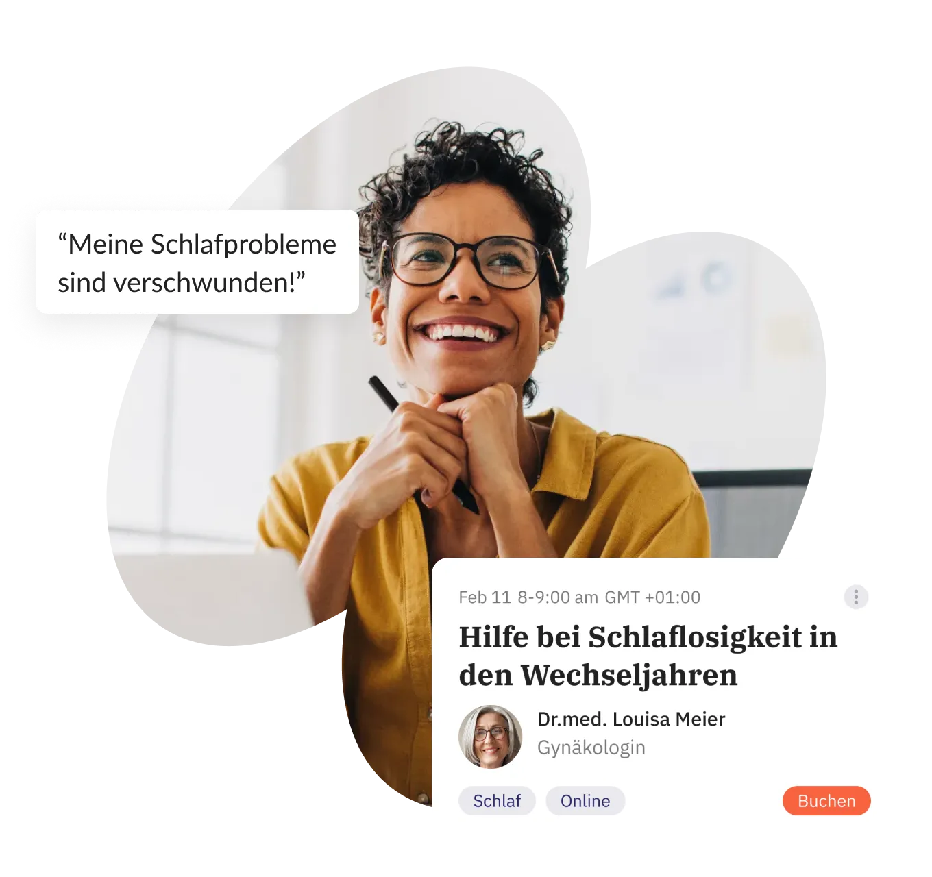 Eine glückliche Frau löste ihr Schlaflosigkeitsproblem durch eine professionelle Behandlung bei hermiad