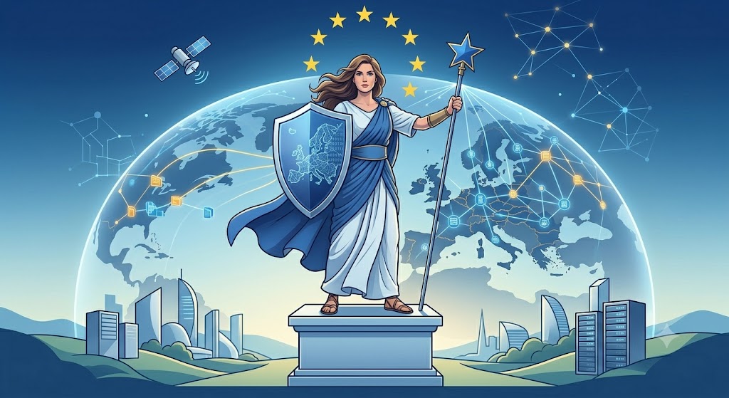 A stylized illustration symbolizing European digital sovereignty. At the center stands a female figure in classical attire on a pedestal, holding a blue shield that displays a digital network map of Europe, and a staff topped with an EU star. 