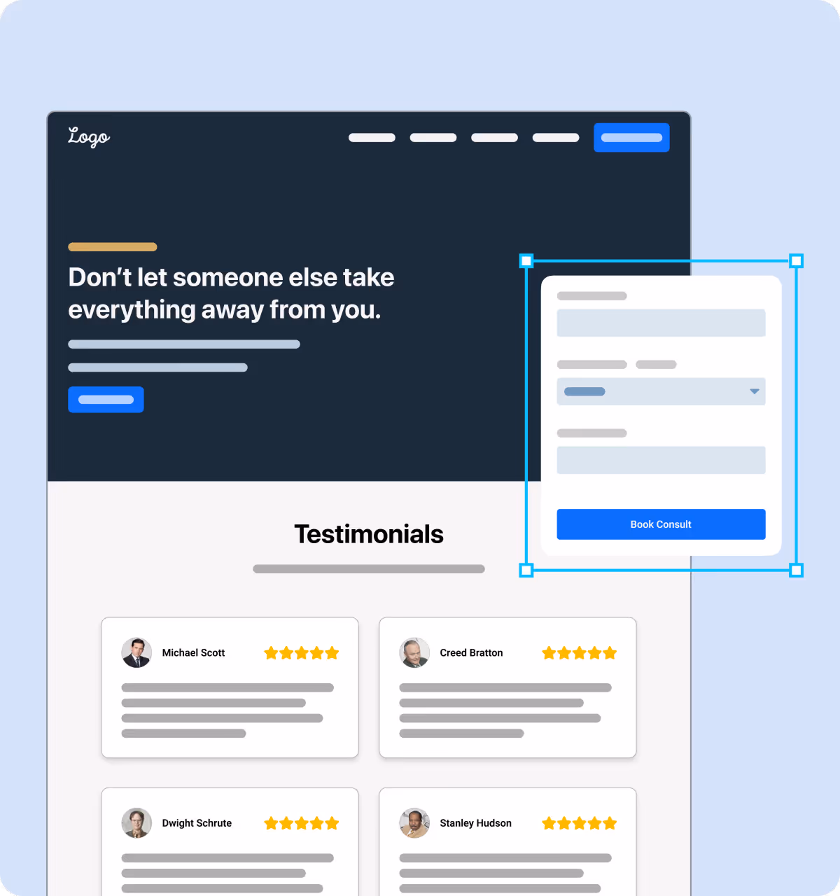 Website design concept with a dark header featuring a call to action and a form to book a consultation on the right. Below, a testimonials section shows four cards with profile pictures, names, star ratings, and text placeholders.