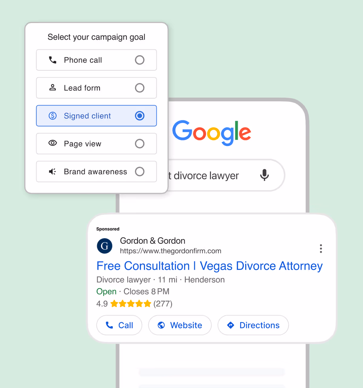 Google search for best divorce lawyer with a highlighted ad for a law firm, alongside a Google Ads campaign goal selection menu with the option for signed client selected as the primary goal.