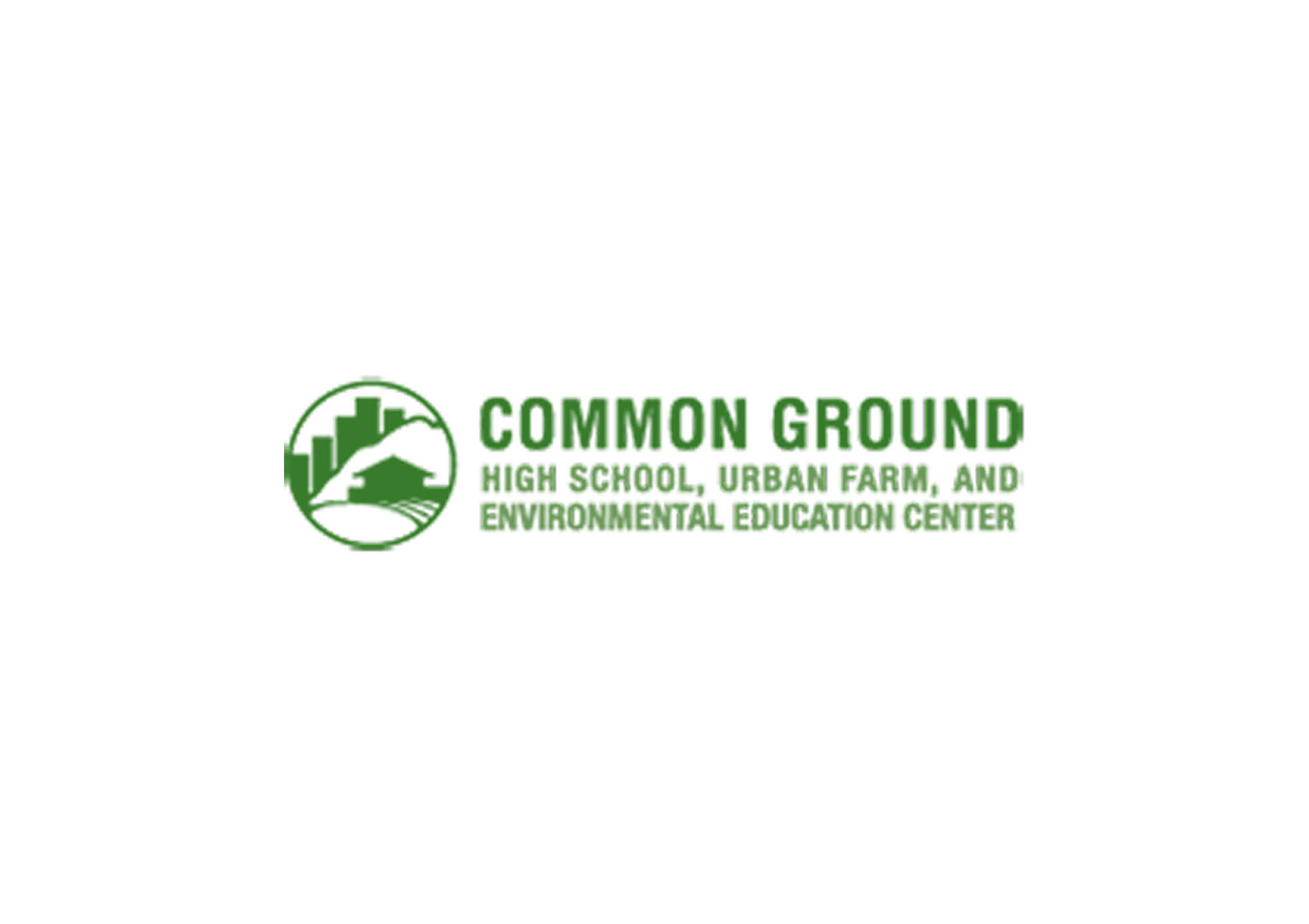 Common Ground logo featuring a green circle with city buildings, a house, and farmland, alongside the text 'Common Ground High School, Urban Farm, and Environmental Education Center.'