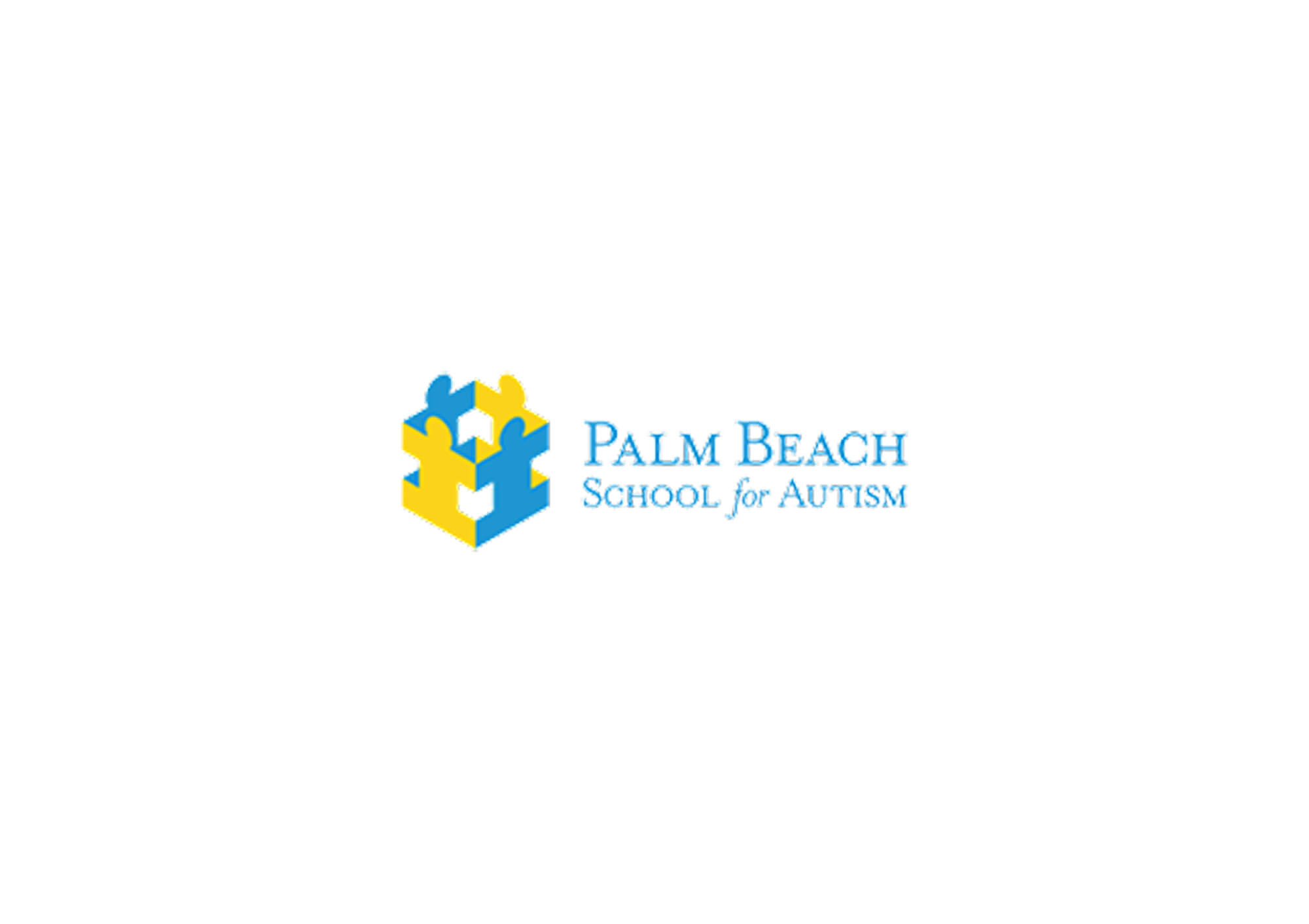 Logo of Palm Beach School for Autism featuring a cube made of interlocking blue and yellow puzzle pieces.