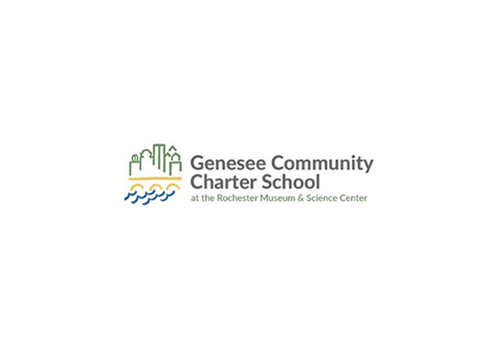 Logo of Genesee Community Charter School with a stylized city skyline, waves, and the text 'at the Rochester Museum & Science Center'.