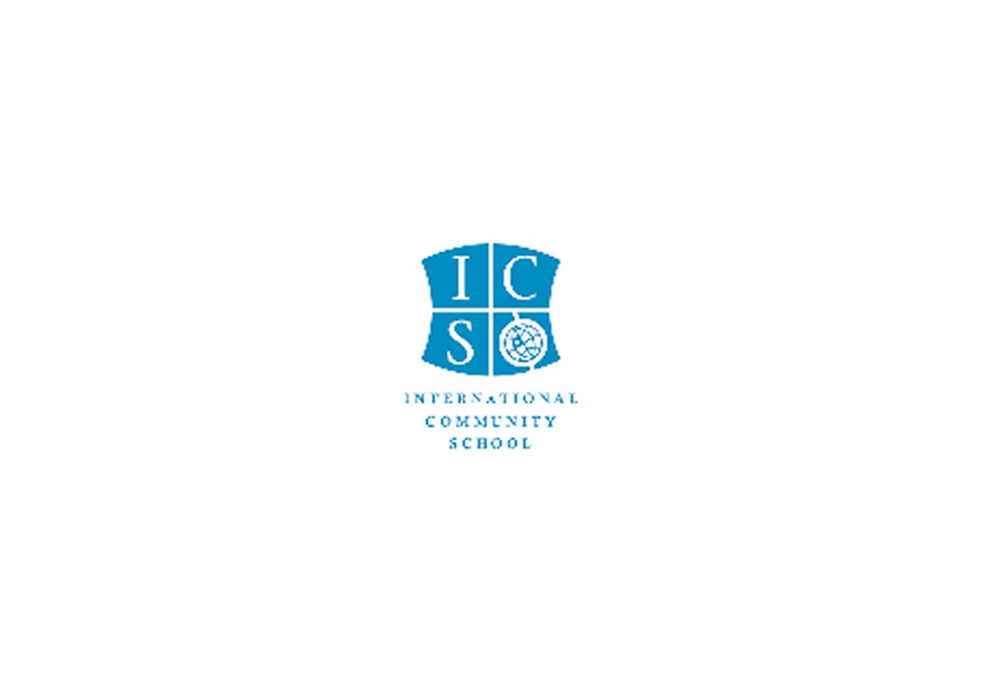 Logo of International Community School with blue shield containing letters I, C, S, and a globe icon.