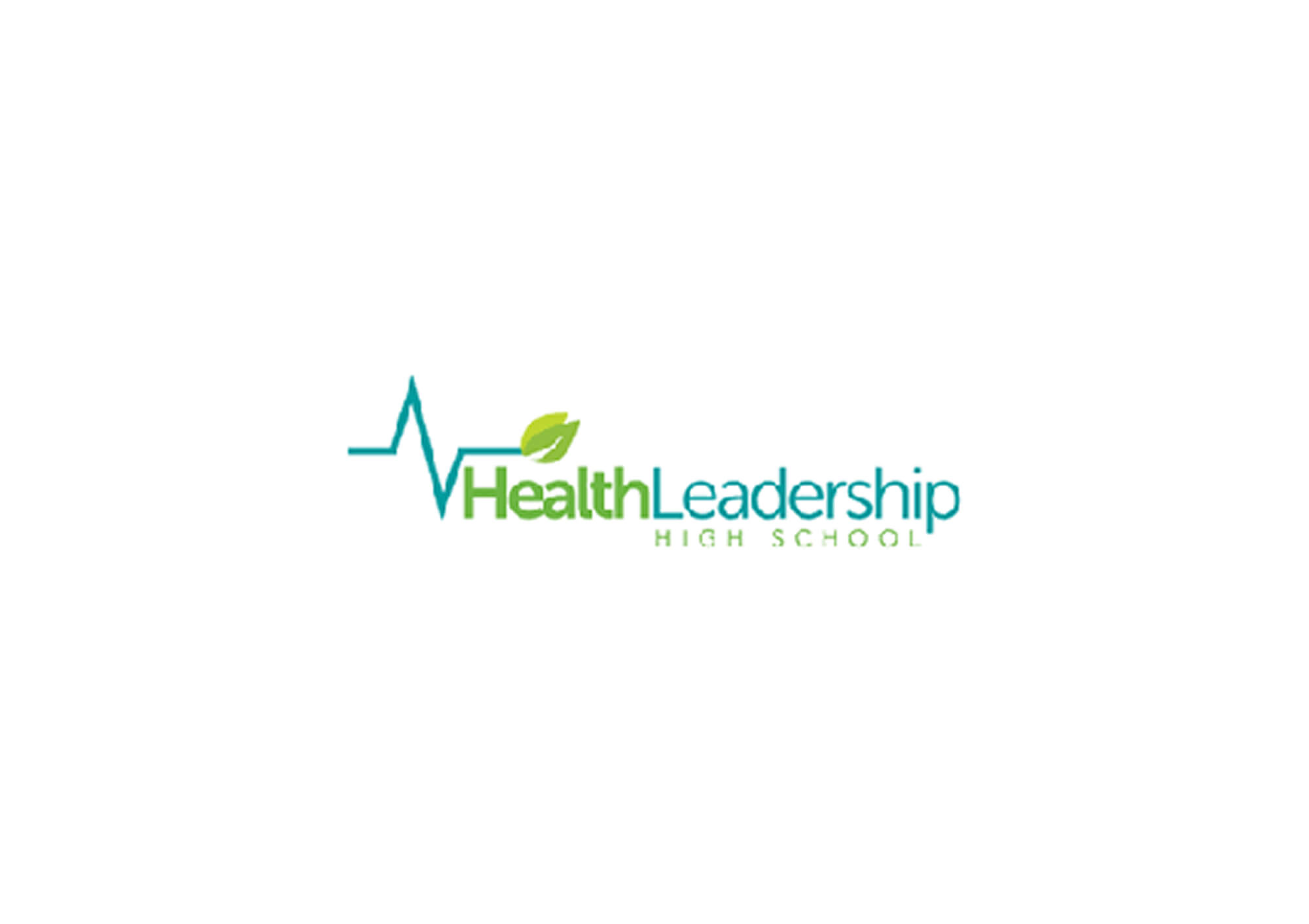 Health Leadership High School logo with heartbeat line and green leaf.