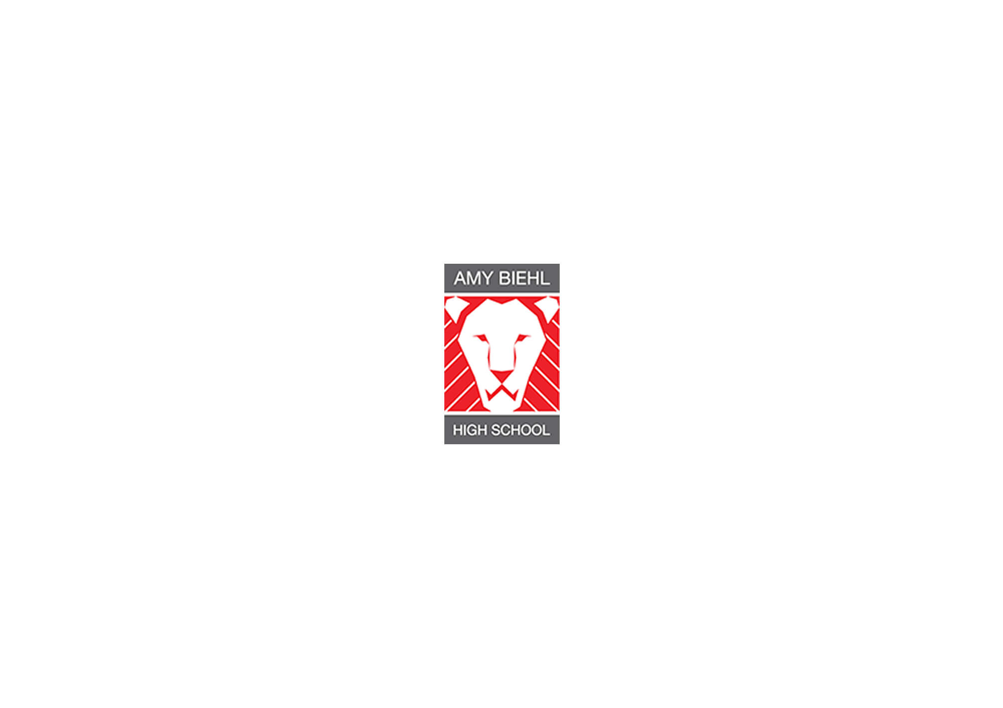 Logo of Amy Biehl High School featuring a stylized lion's head in white on a red background with the school name above and below in gray boxes.