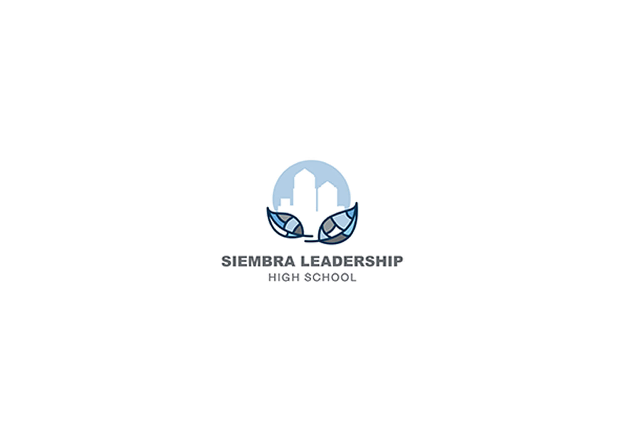 Siembra Leadership High School logo featuring a blue circle with a city skyline and two stylized leaves below.