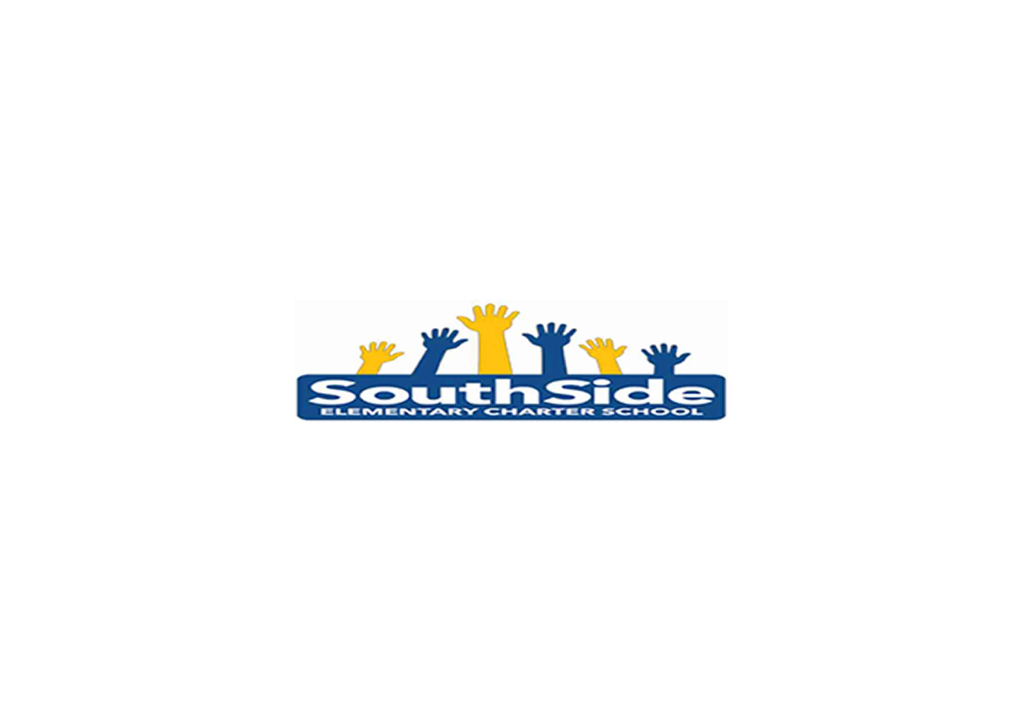 Logo for SouthSide Elementary Charter School with raised yellow and blue hands above the school name.
