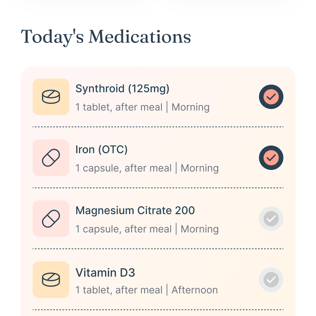 List of today's medications including Synthroid 125mg and Iron OTC marked as taken, and Magnesium Citrate 200 and Vitamin D3 not marked as taken.