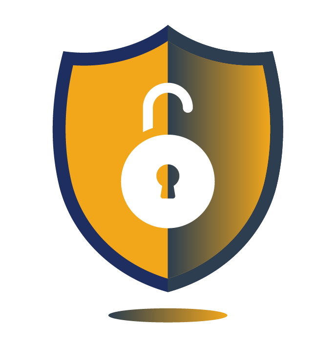 Shield divided into orange and dark gradient halves with a white open padlock icon in the center and a matching shadow below.