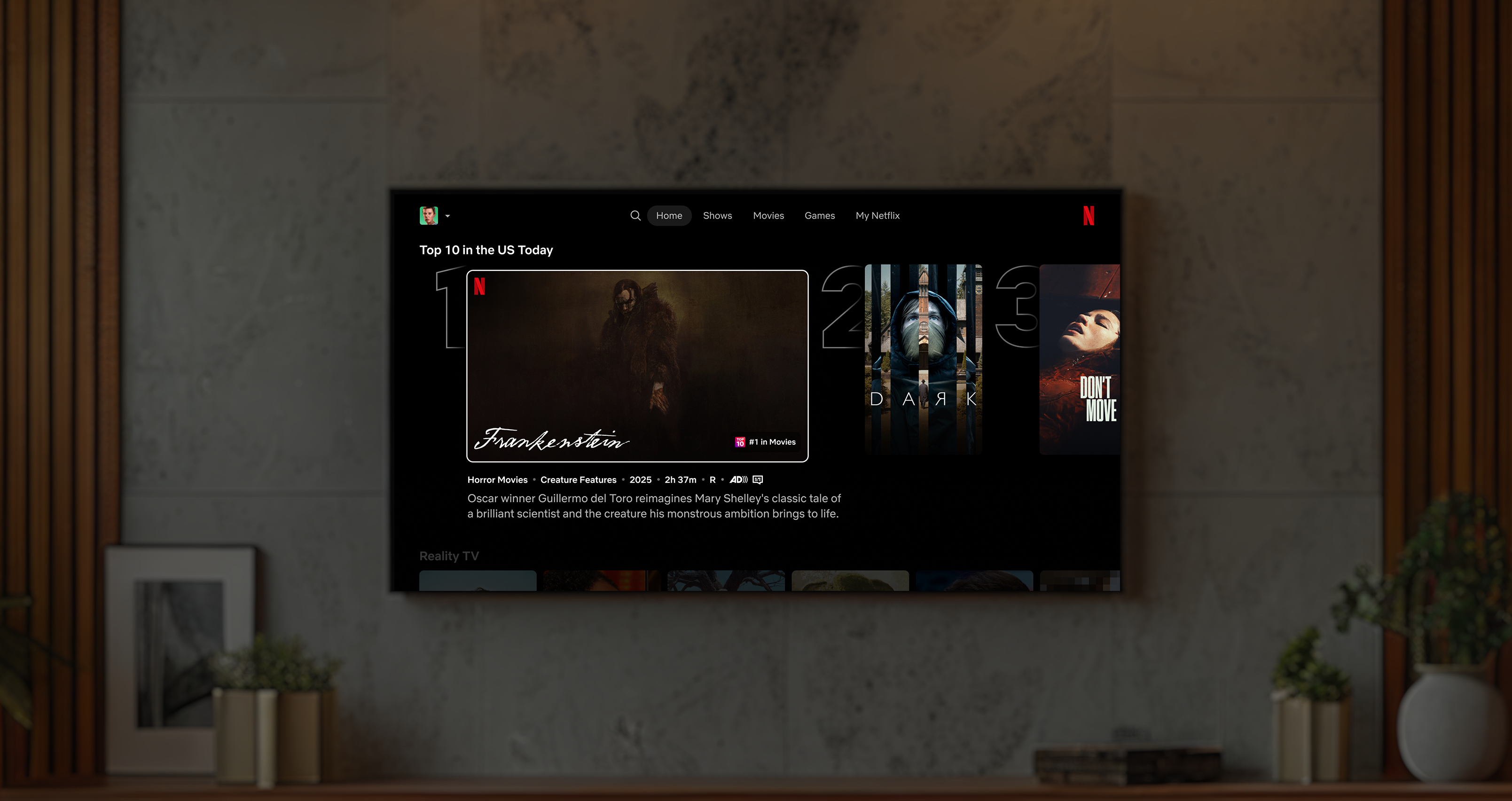 Living room TV with Netflix Top 10 row