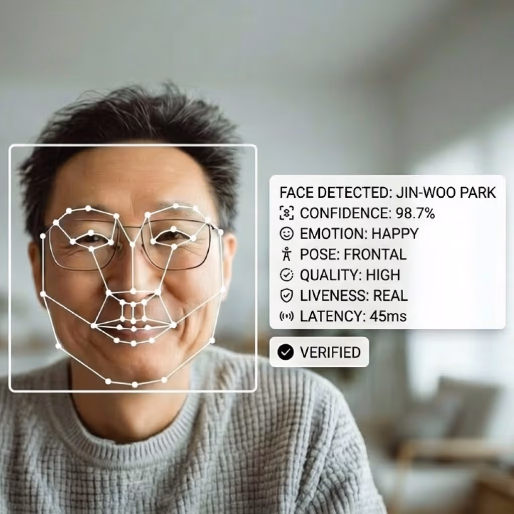 Face recognition interface detecting a smiling man wearing glasses with high confidence and verified identity.