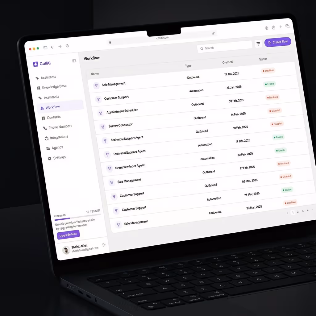 Laptop screen displaying CallAI workflow dashboard listing various outbound and automation tasks with statuses and creation dates.