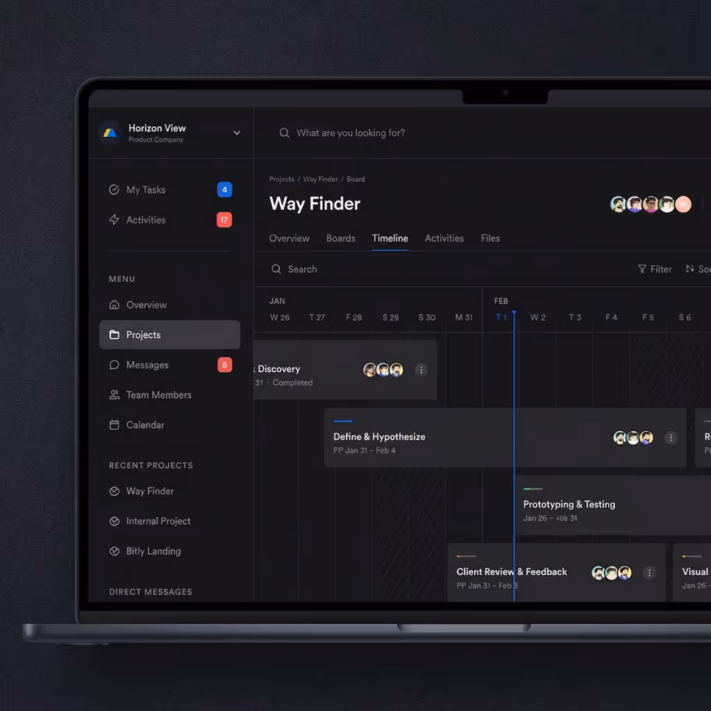 Laptop screen showing a dark-themed project management dashboard with tasks, timeline, and team member avatars.