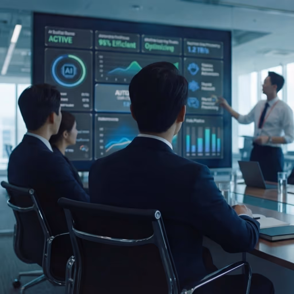 Business professionals in a meeting room watching a presentation with AI and data analytics visuals on a large screen.