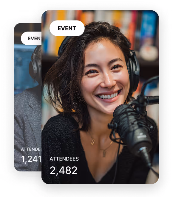 Smiling woman wearing headphones speaking into a microphone in a colorful indoor setting with event attendance numbers displayed.