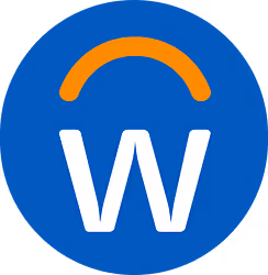 Logo with a white letter W and an orange curved line above it on a blue circular background.