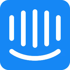 Blue square with rounded corners featuring a black stylized smiley face and vertical bars resembling a microphone or speech marks.