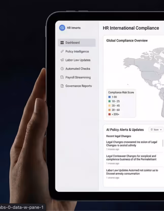Hand holding a tablet displaying an HR International Compliance dashboard with navigation options and AI policy alerts.