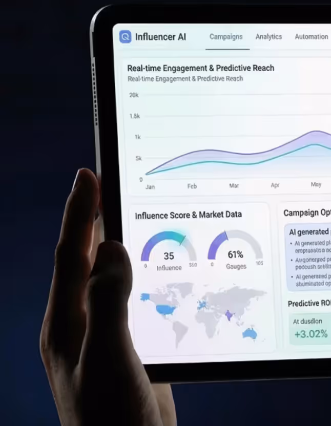 Tablet screen showing Influencer AI dashboard with graphs of real-time engagement, influence score, market data, and predictive reach.