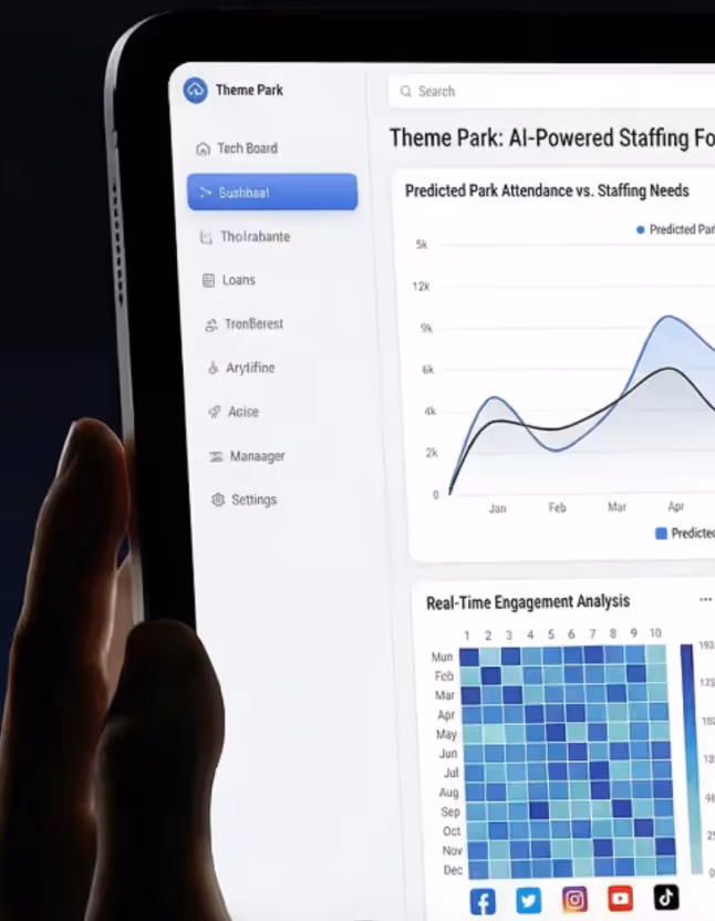 Close-up of a hand holding a tablet showing an AI-powered theme park dashboard with graphs for predicted park attendance and real-time engagement analysis.