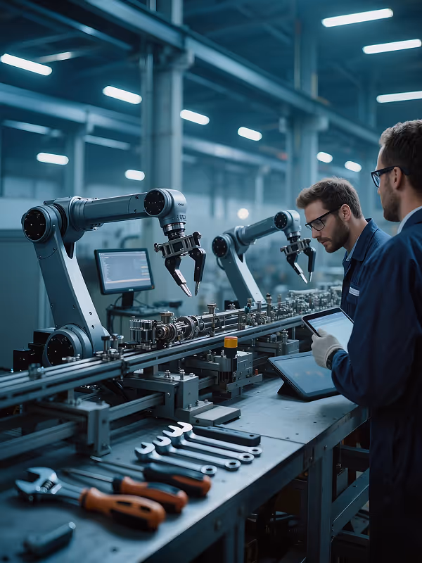 Two engineers in a factory operating robotic arms on an automated assembly line with tools on the workbench.