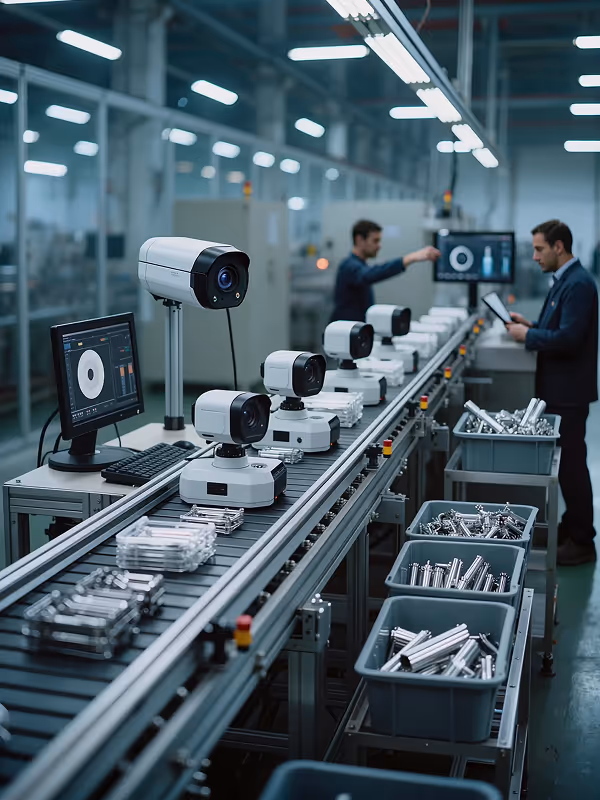 Surveillance cameras on a conveyor belt in a factory, with workers inspecting parts in the background.