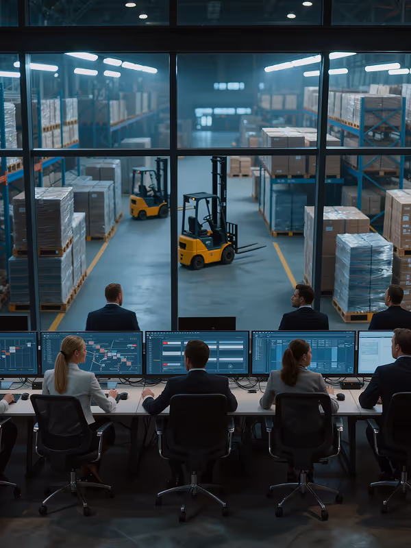 Warehouse control room with five employees monitoring logistics and forklifts moving pallets in storage area.