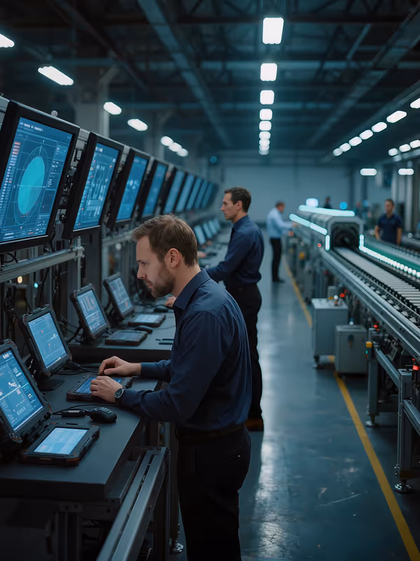 Technicians monitoring multiple screens in a large industrial control room with conveyor belts.