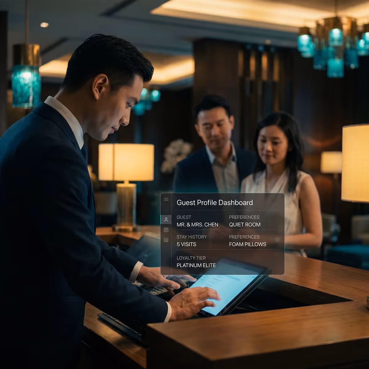 Hotel receptionist using a touchscreen to check in a couple, with a floating guest profile dashboard showing their preferences and loyalty status.