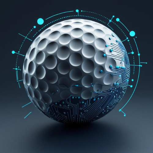 Three-dimensional golf ball partially integrated with digital circuit patterns and blue glowing nodes.