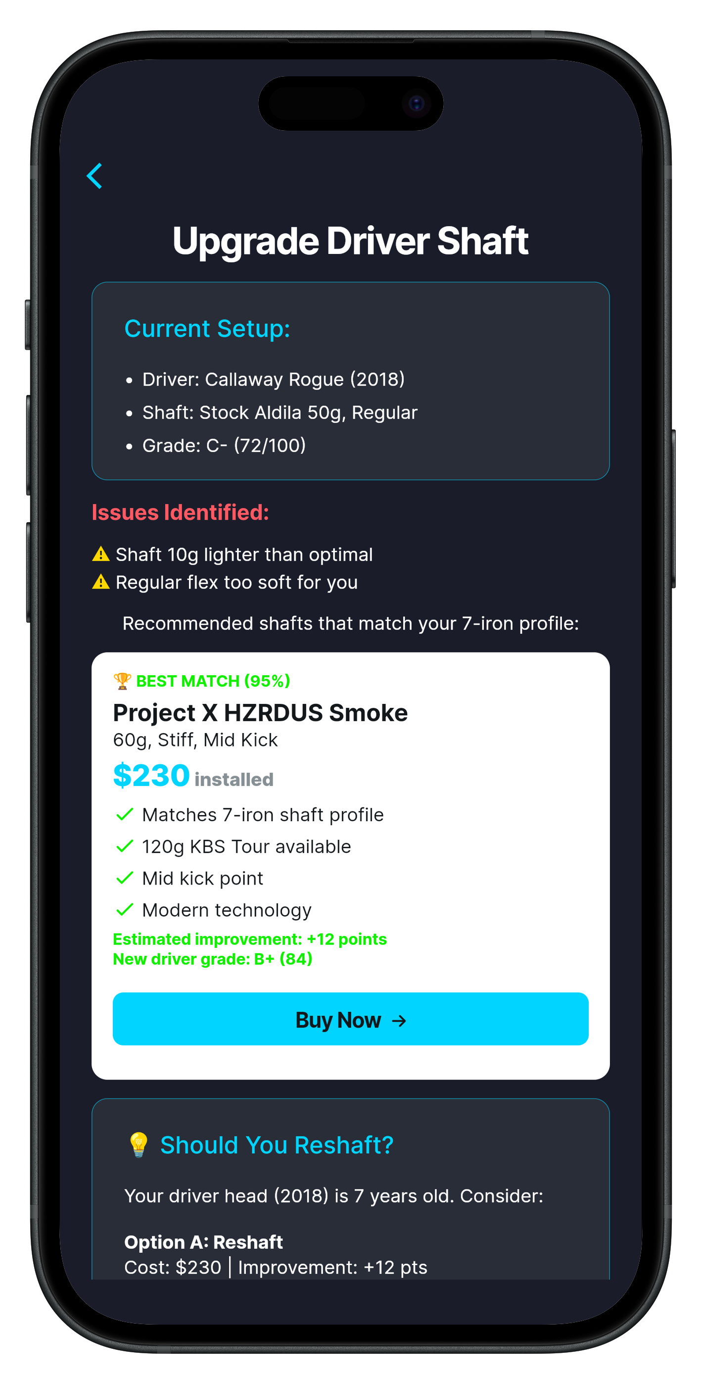 Mobile screen showing a golf driver shaft upgrade recommendation with current setup details, identified issues, best shaft match Project X HZRDUS Smoke for $230 installed, and advice on reshaping a 2018 driver head.