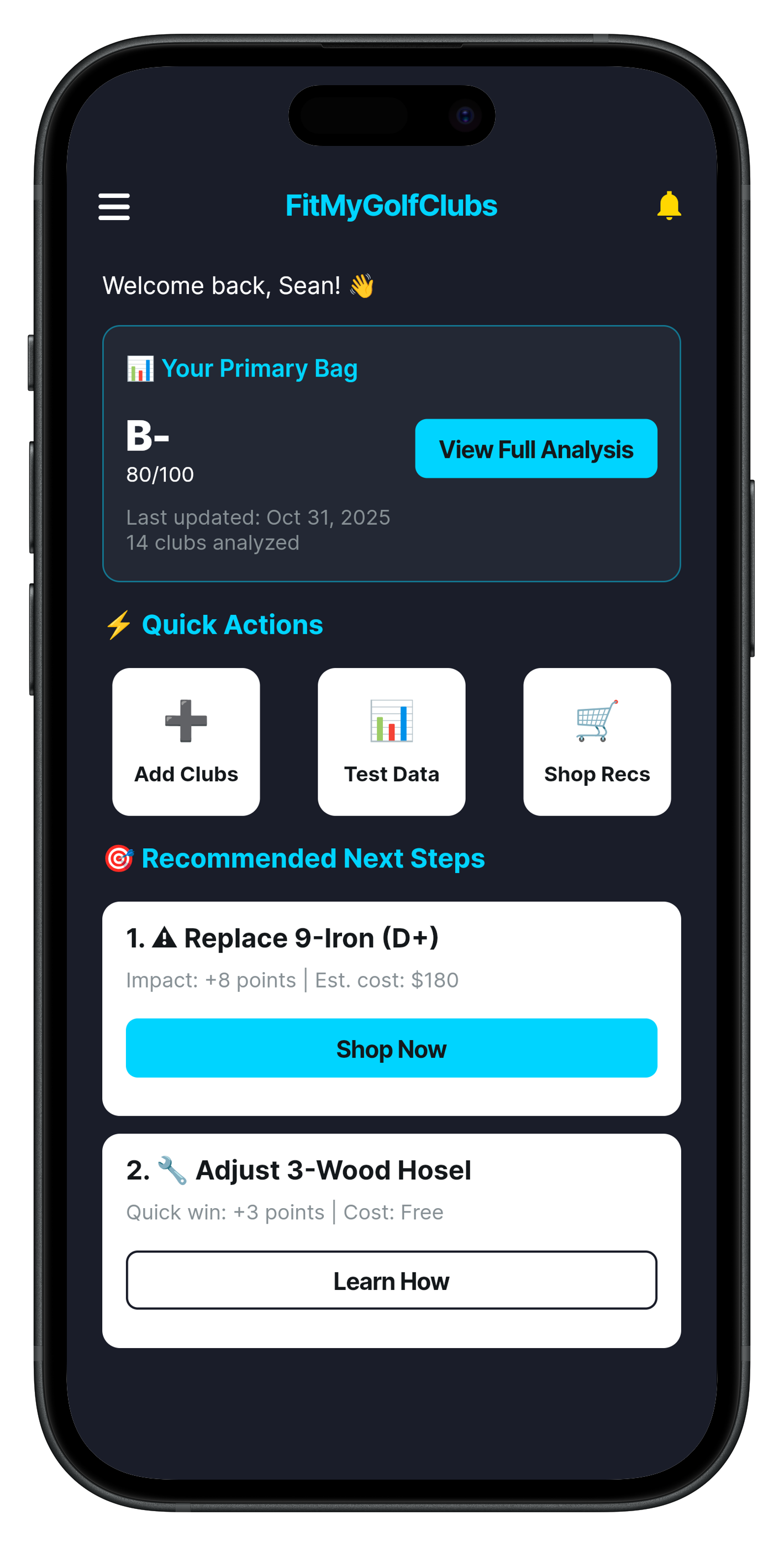 FitMyGolfClubs app screen showing user Sean's primary golf bag rated B- with 14 clubs analyzed, quick actions for adding clubs, test data, shop recommendations, and recommended next steps to replace 9-Iron and adjust 3-Wood Hosel.