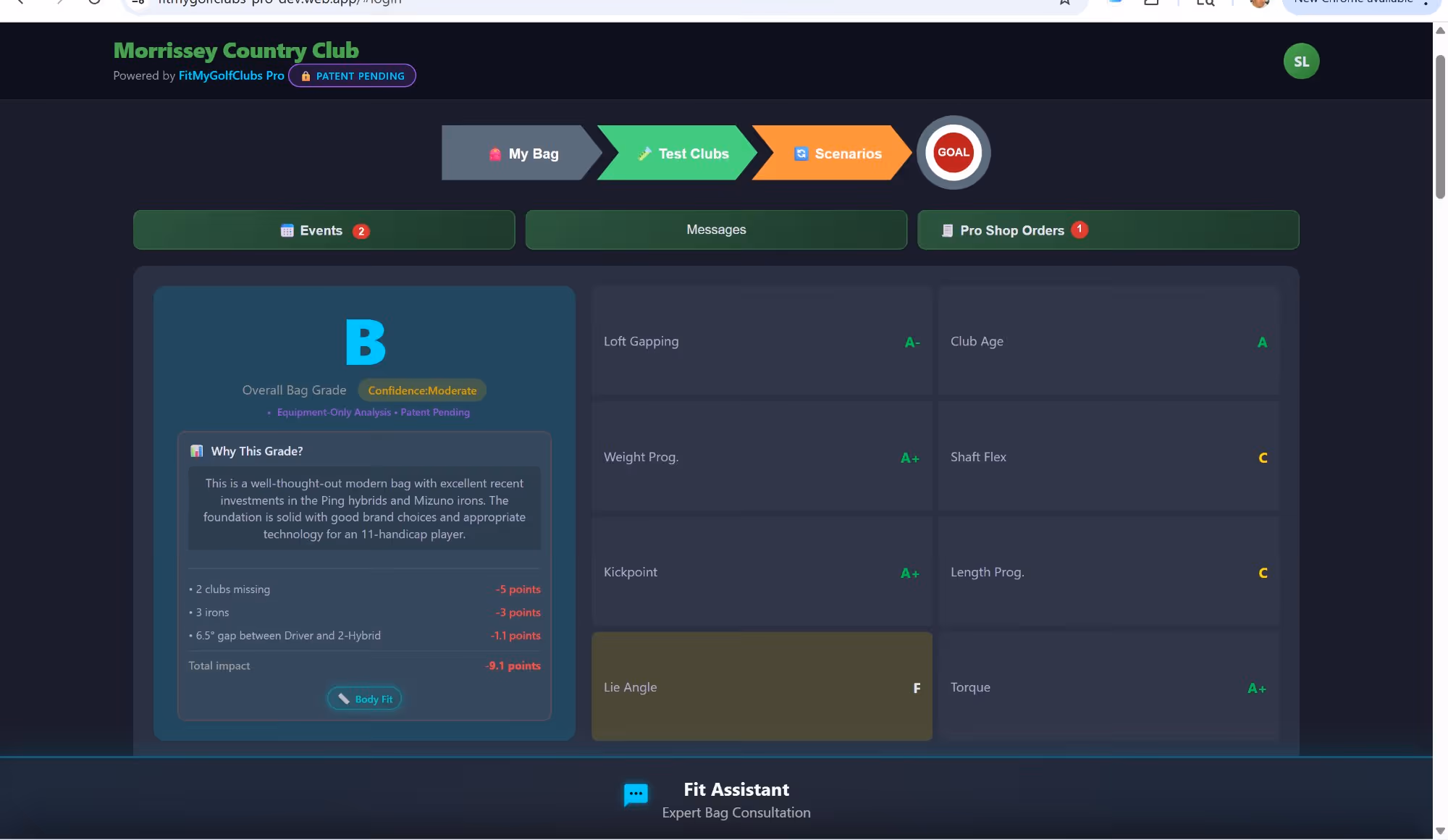 Bag grade showing B overall, 8 factor scores, and AI explanation of why the grade was assigned