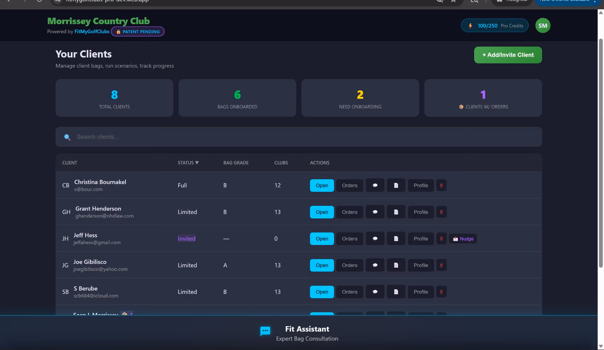 FitMyGolfClubs Pro dashboard showing client list with bag grades, statuses, and action buttons