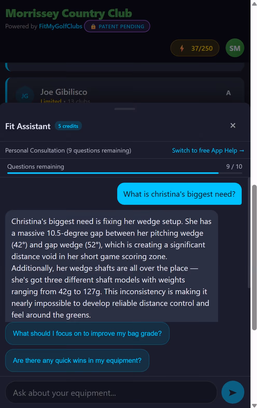 Fit Assistant AI chat showing a pro asking about a client's biggest equipment need and receiving detailed wedge gap analysis