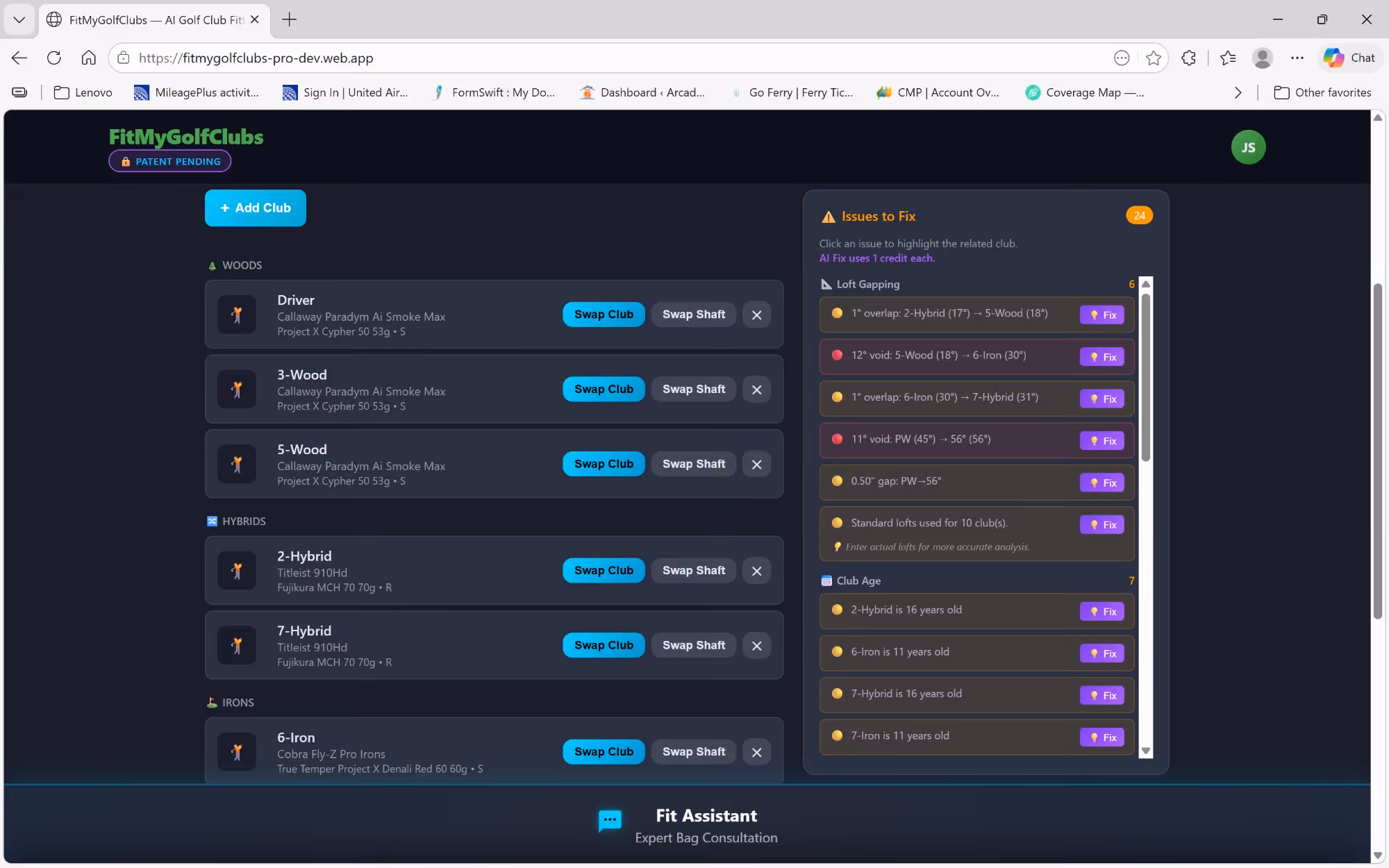 Scenario builder with Swap Club and Swap Shaft buttons, alongside Issues to Fix panel showing loft gapping and club age issues with Fix buttons