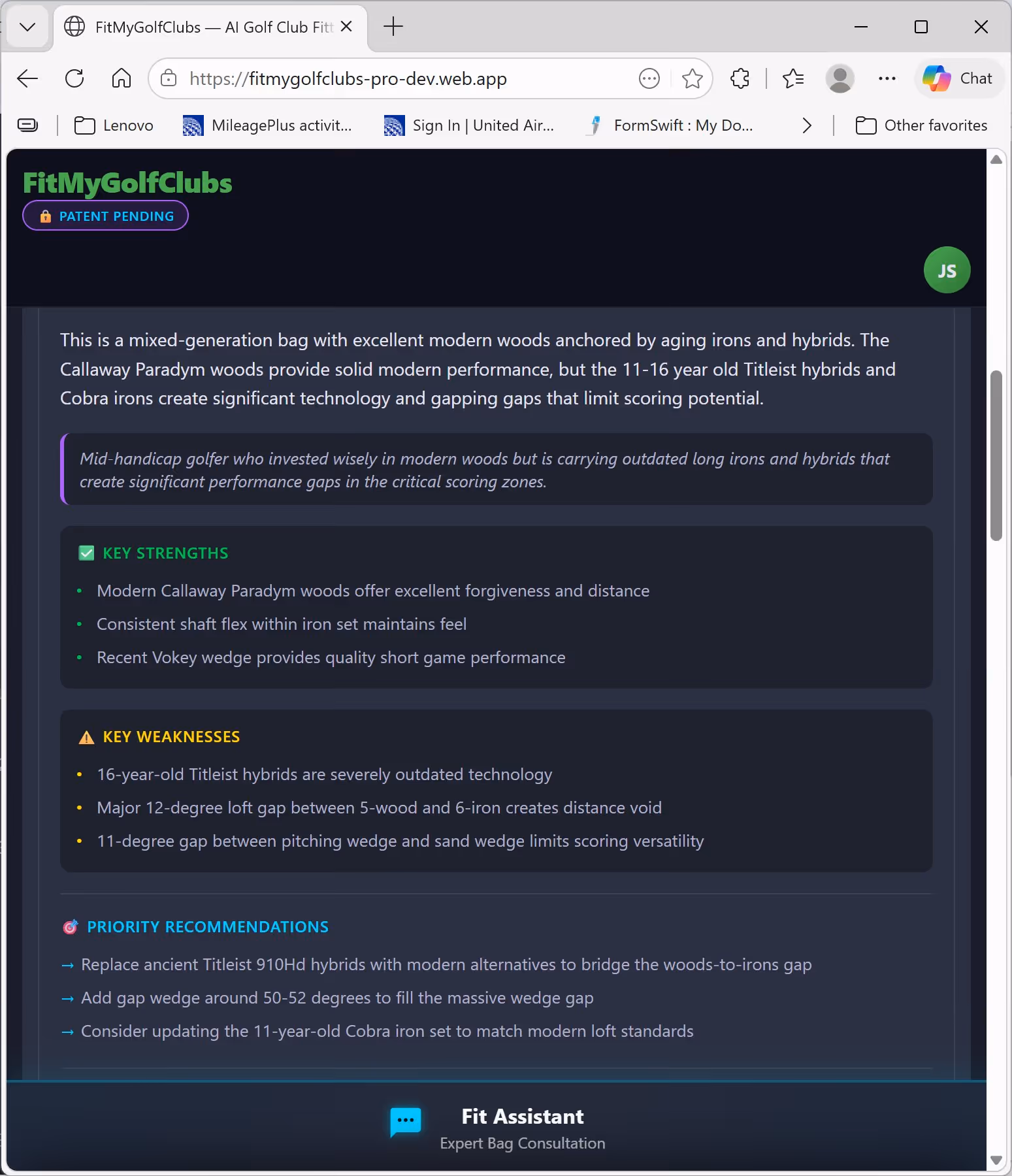 AI analysis showing key strengths, key weaknesses, and priority recommendations with specific club references