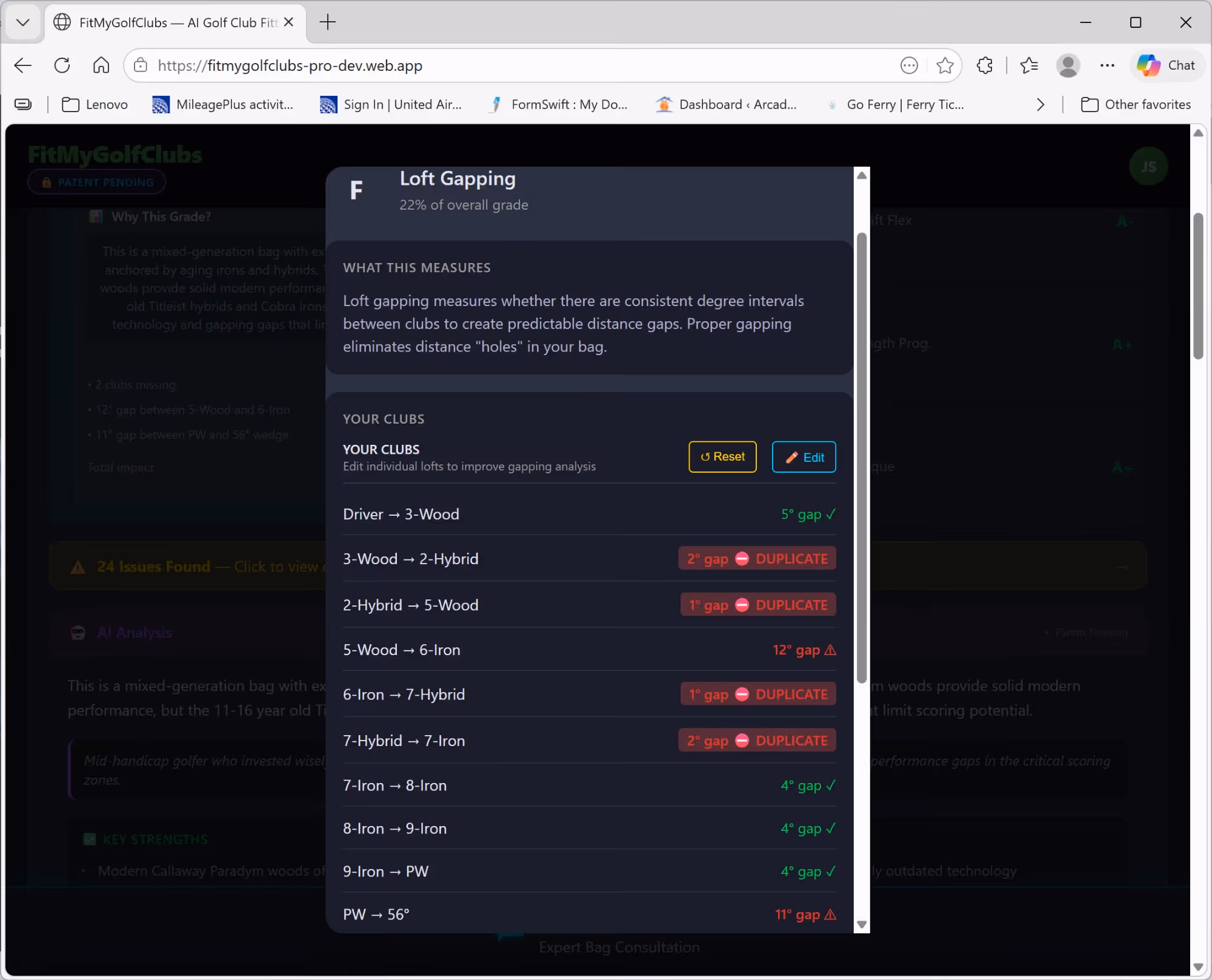 Loft Gapping deep dive showing degree gaps between clubs with green checks for good gaps and red DUPLICATE flags for overlaps