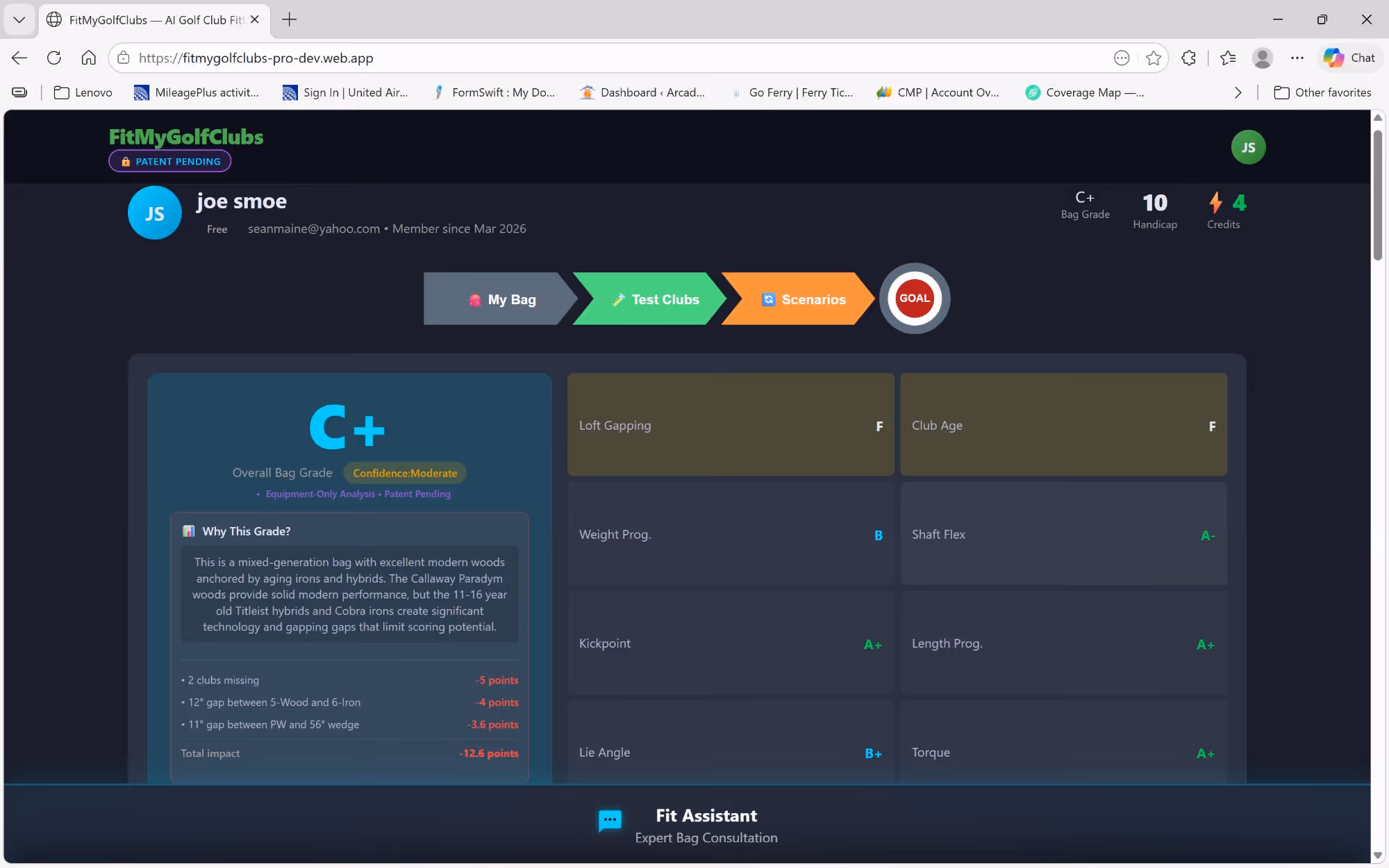 FitMyGolfClubs bag grade view showing C+ overall grade, 8 fitting factor scores, chevron navigation, and AI explanation of why the grade was assigned