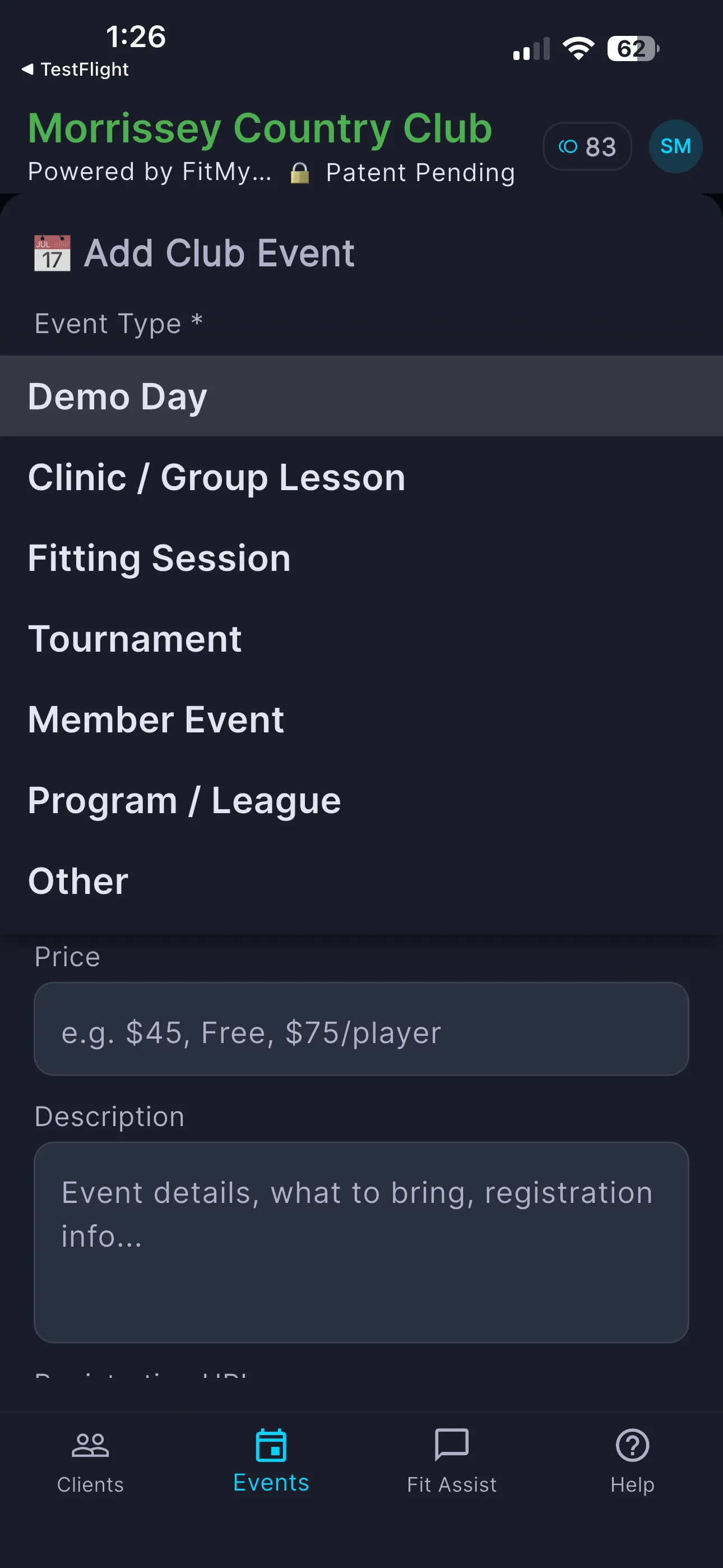 Add Club Event sheet with the event type list