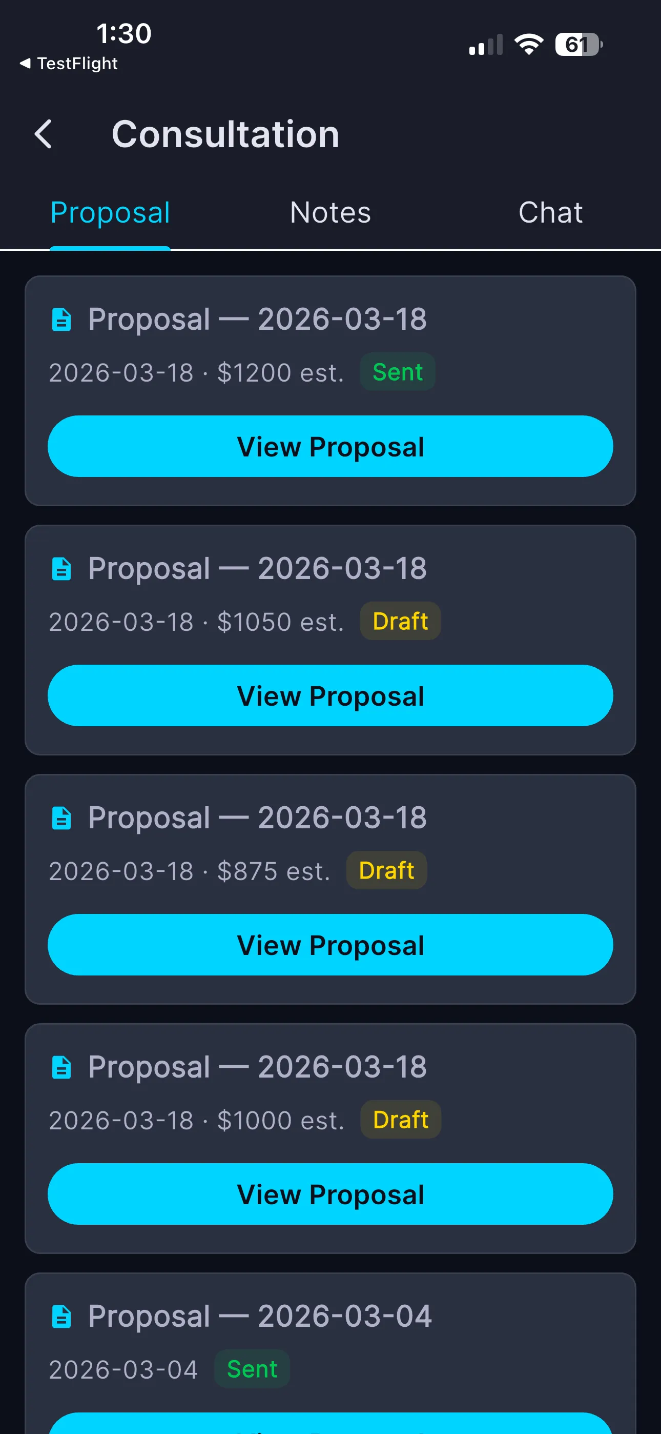 Consultation Proposal tab listing saved proposals with values and Draft or Sent status