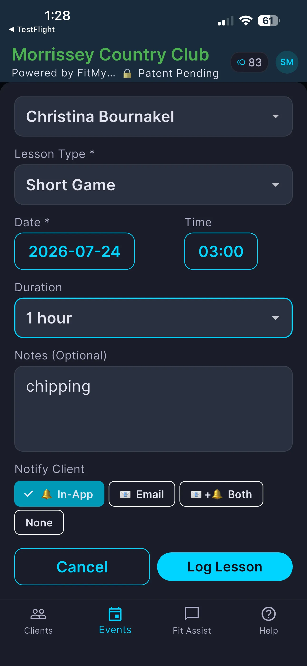 Log a Lesson form with client, type, duration, notes and notify options